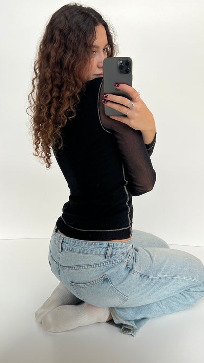 00s black mesh long sleeve top- size XL