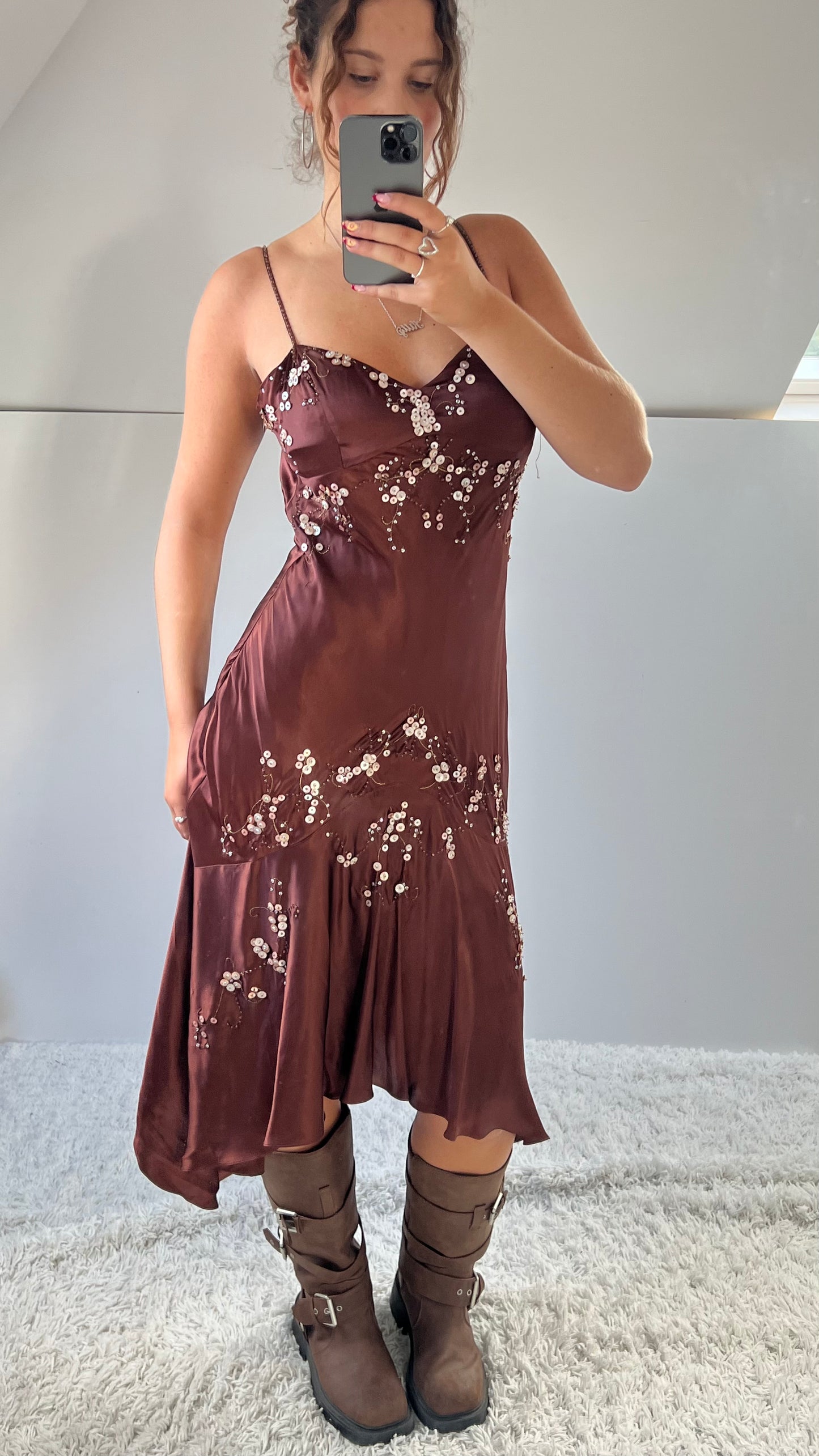 00s brown beaded silk midi dress- size M/L