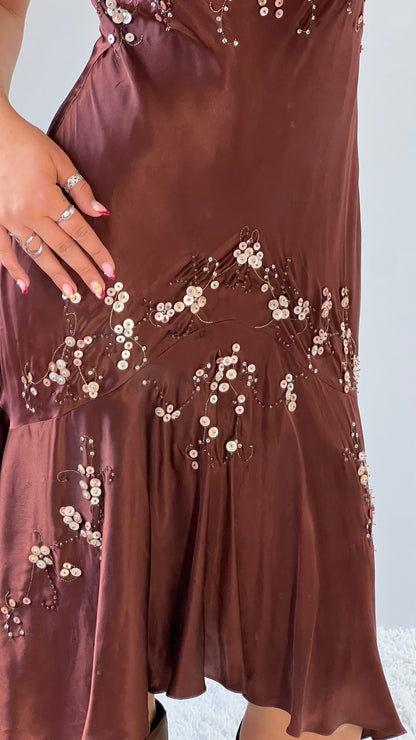 00s brown beaded silk midi dress- size M/L