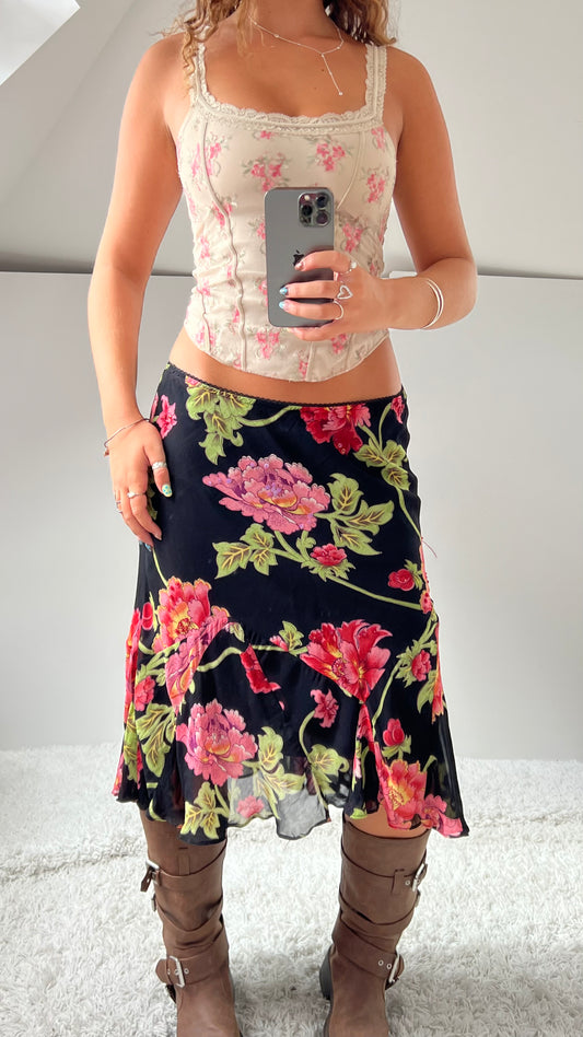 00s black floral mesh midi skirt- size S