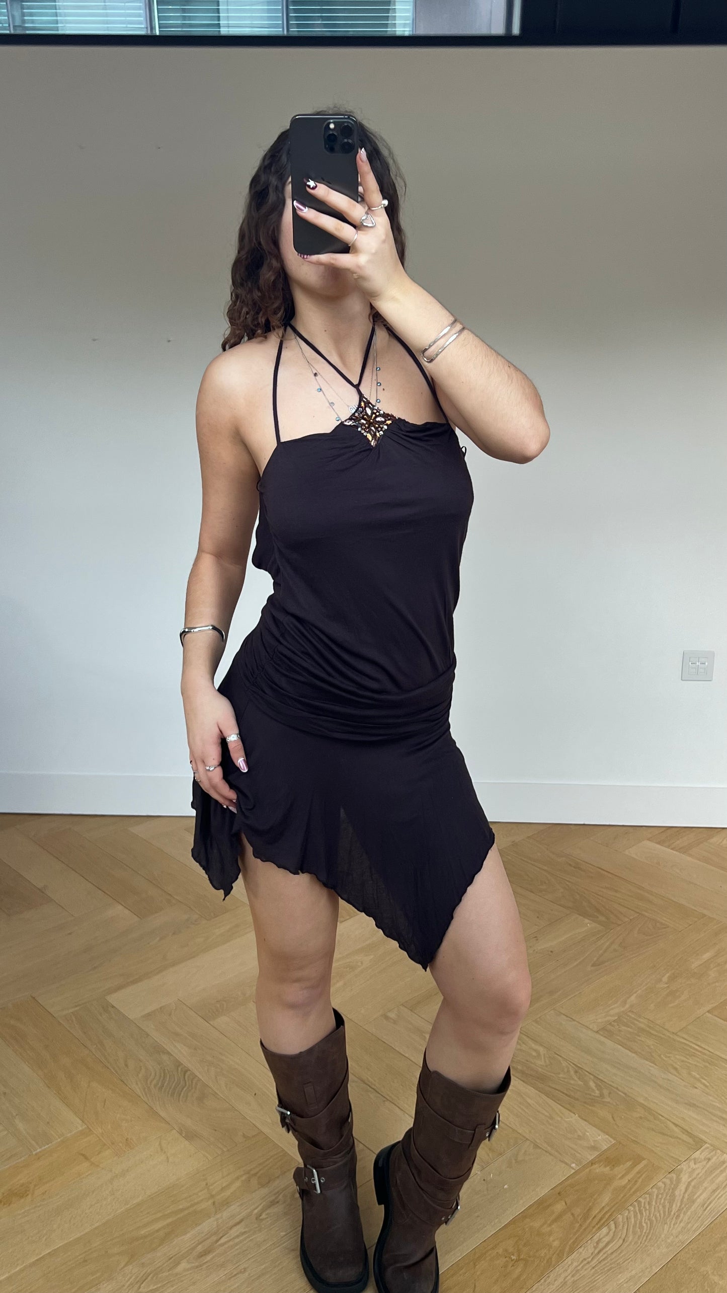 00s brown asymmetric mini dress- size S