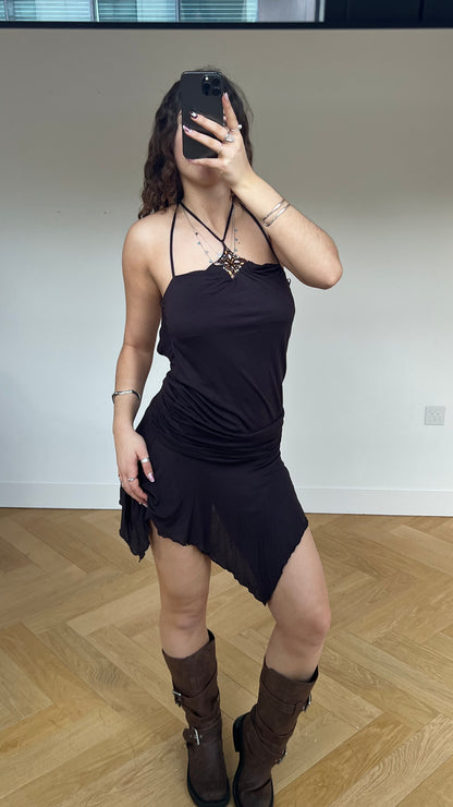 00s brown asymmetric mini dress- size S