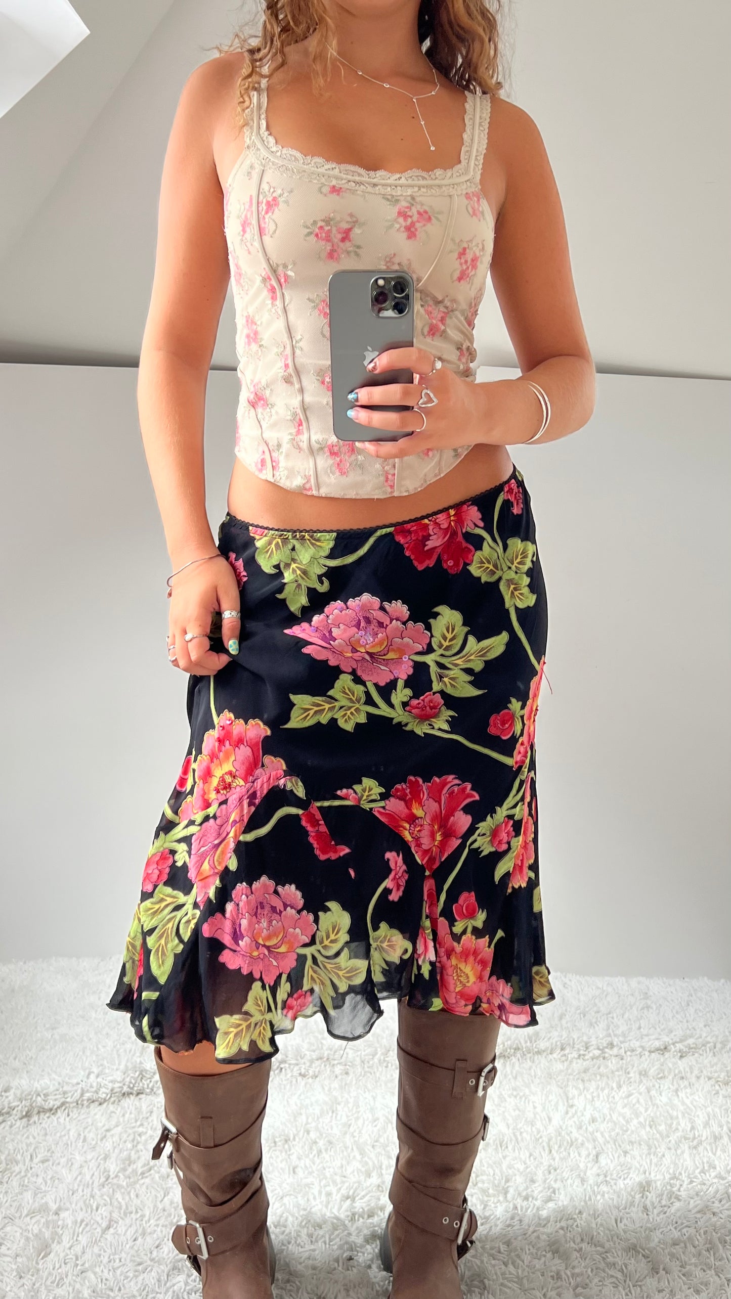 00s black floral mesh midi skirt- size S