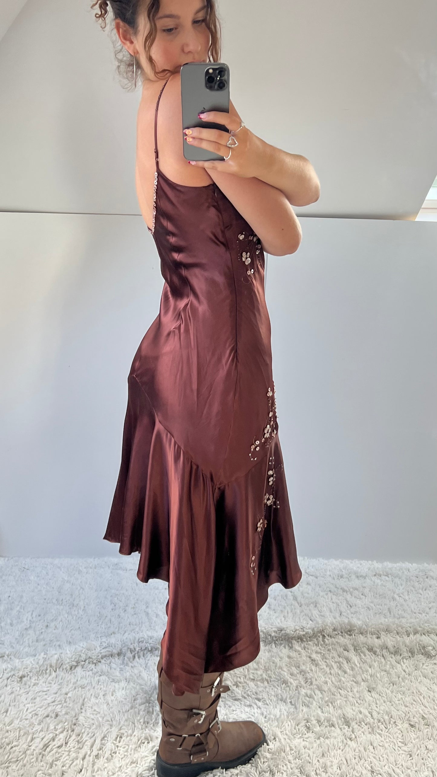 00s brown beaded silk midi dress- size M/L