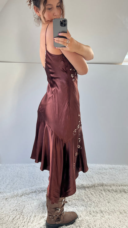 00s brown beaded silk midi dress- size M/L