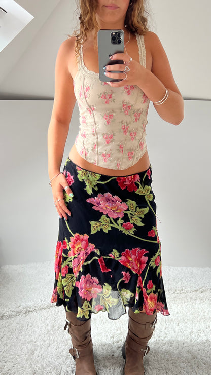 00s black floral mesh midi skirt- size S