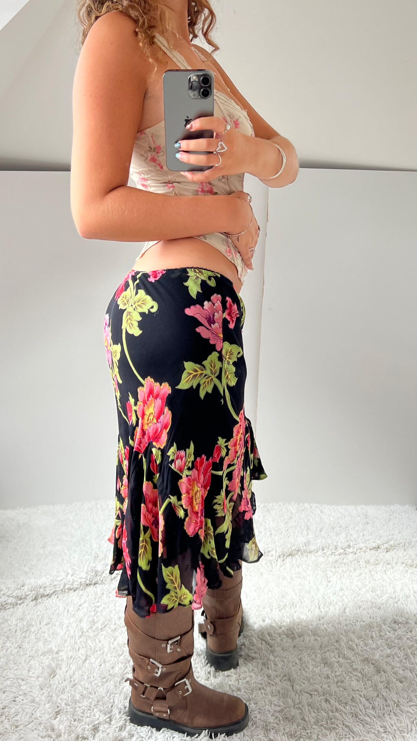 00s black floral mesh midi skirt- size S