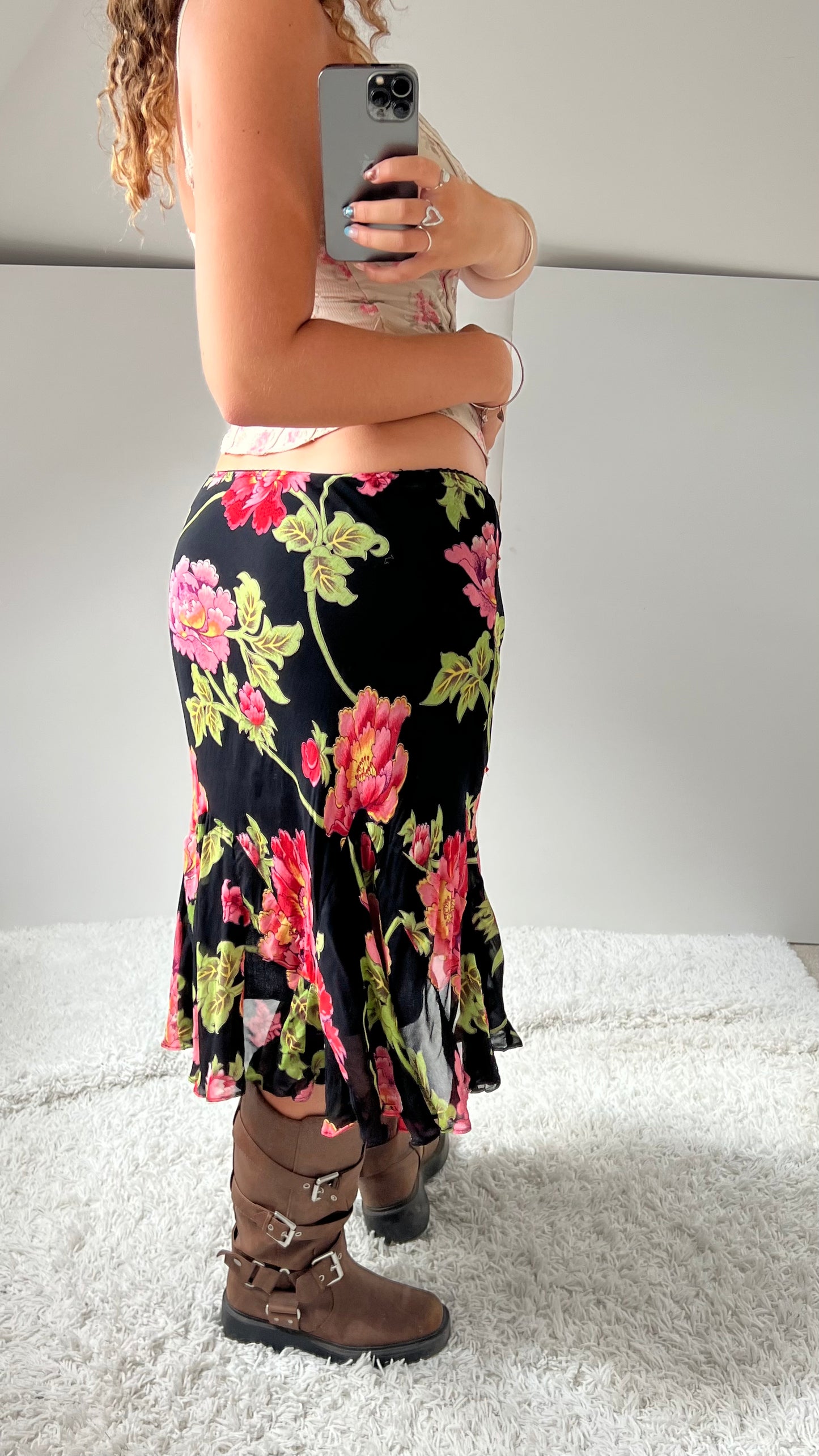 00s black floral mesh midi skirt- size S