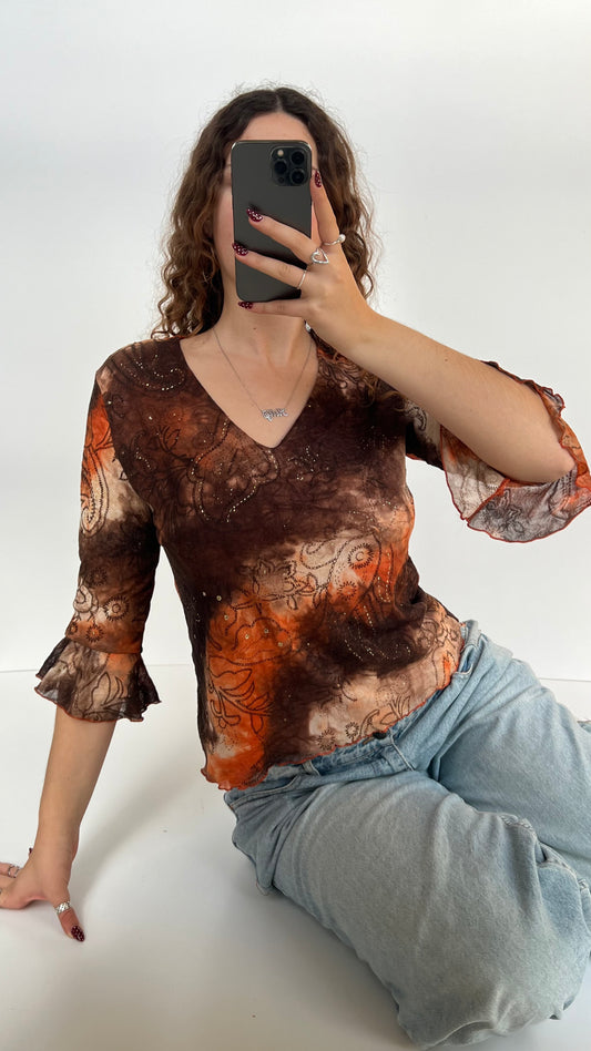 00s brown orange mesh long sleeve- size L/XL