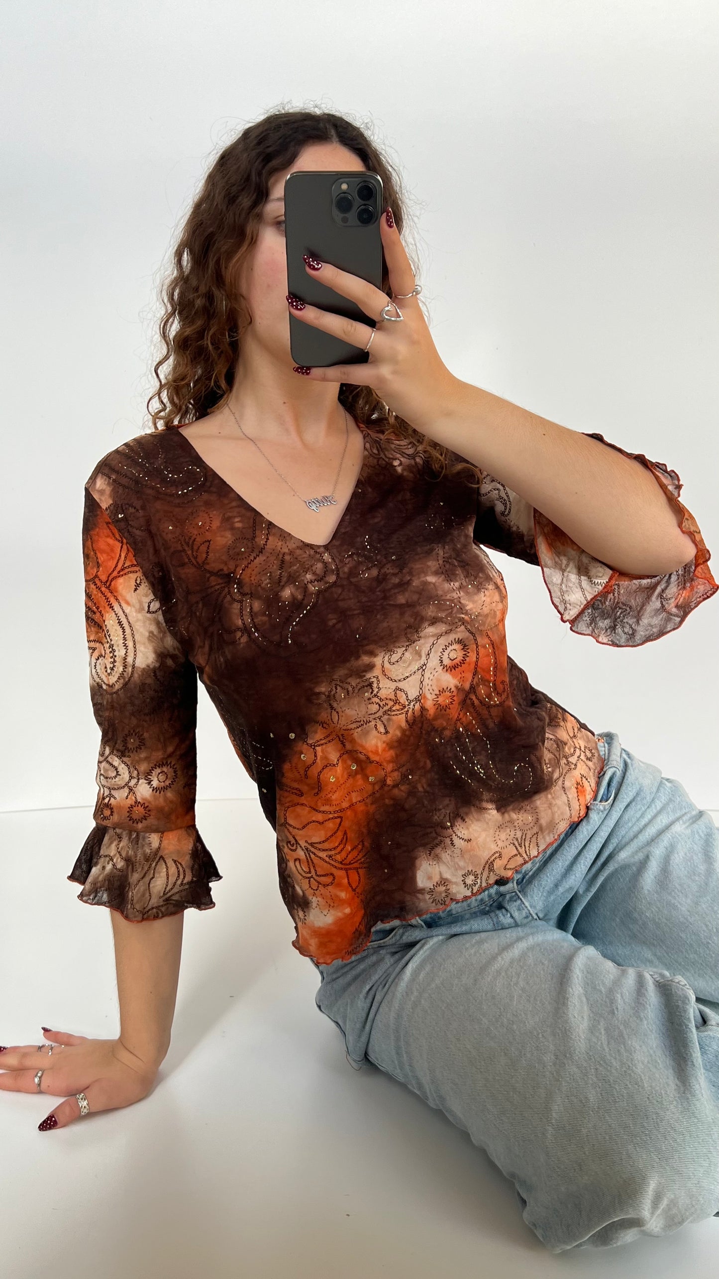 00s brown orange mesh long sleeve- size L/XL