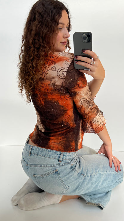 00s brown orange mesh long sleeve- size L/XL