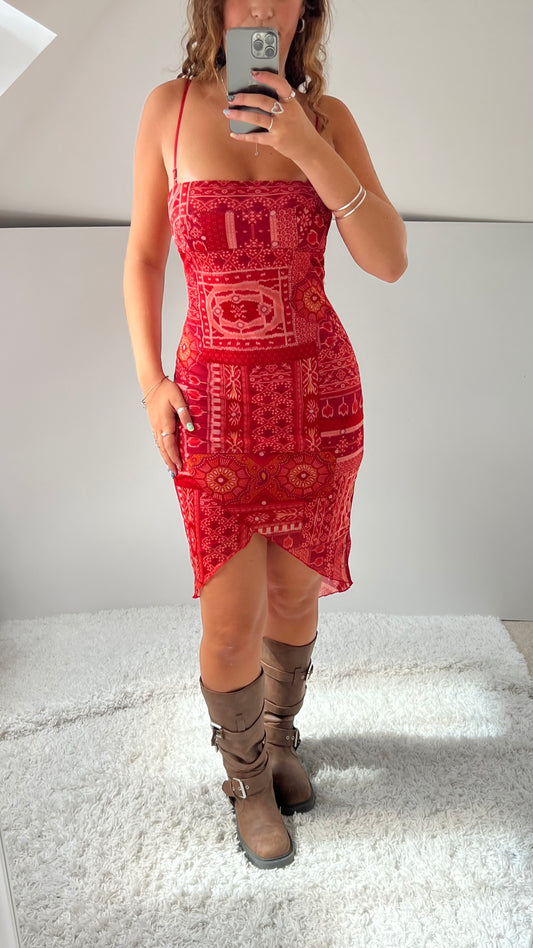 00s pink patchwork mesh dress- size S