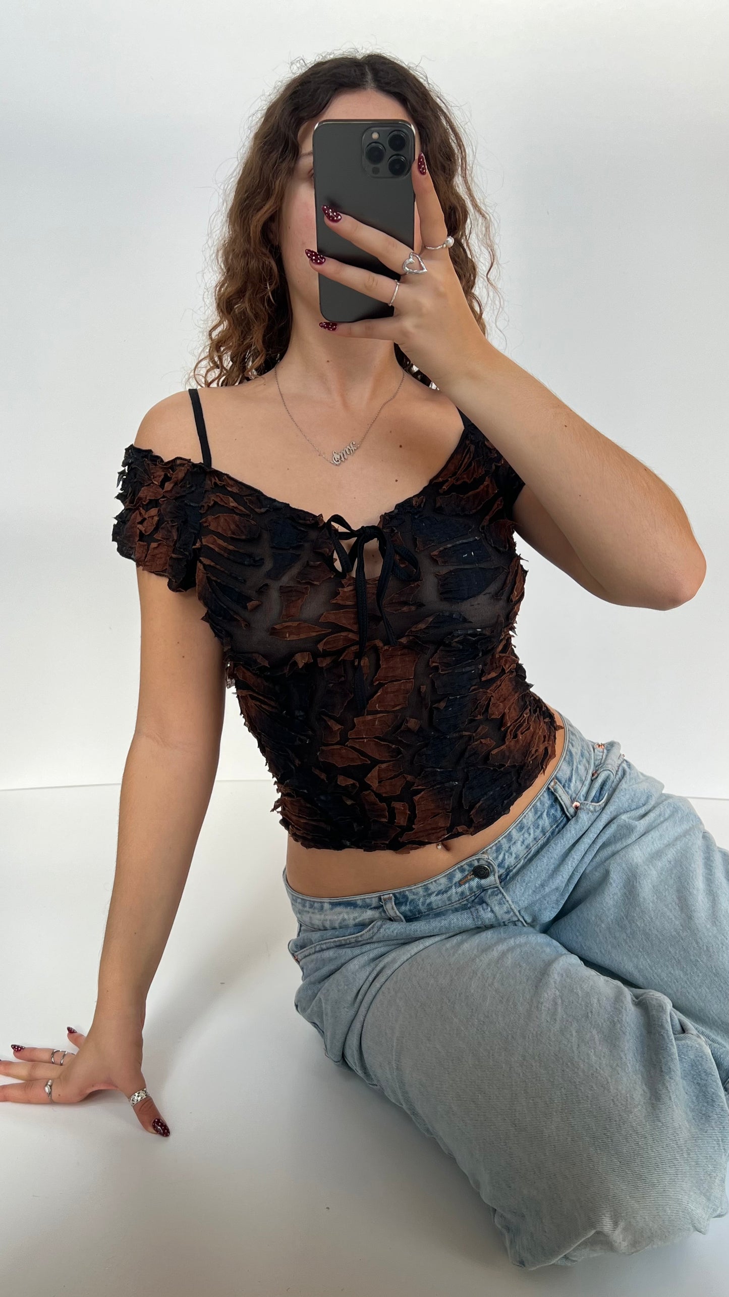 00s brown mesh textured top- size S