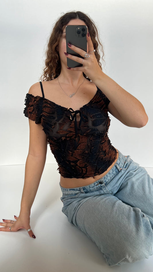 00s brown mesh textured top- size S