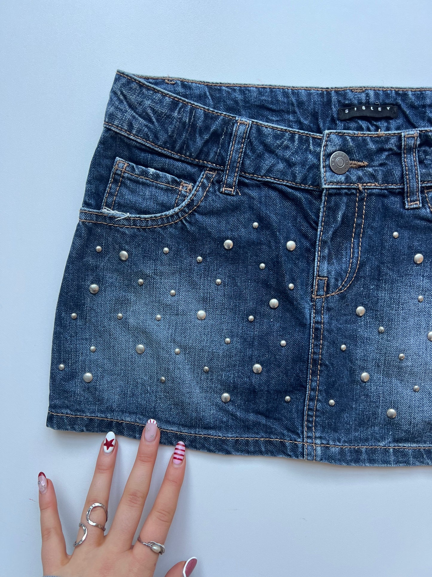 00s denim stud mini skirt- size XS