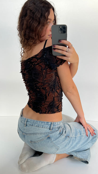 00s brown mesh textured top- size S