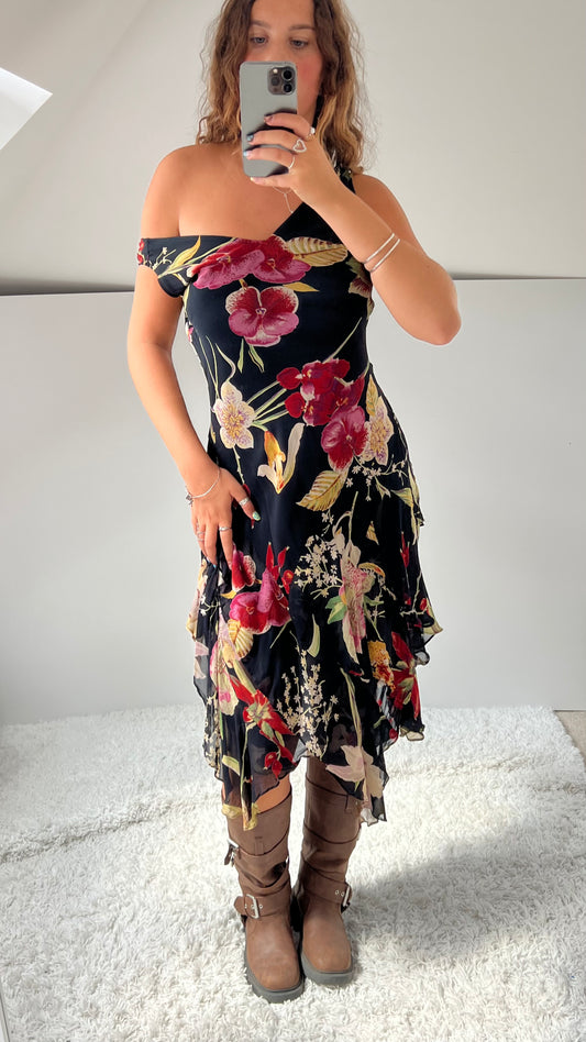 00s black mesh floral midi dress- size M