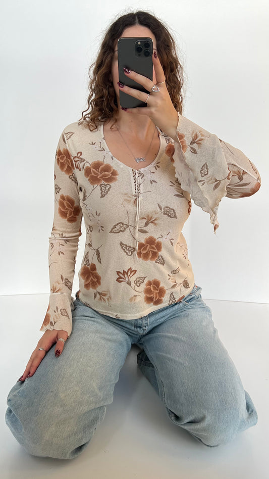 00s floral mesh long sleeve top- size L