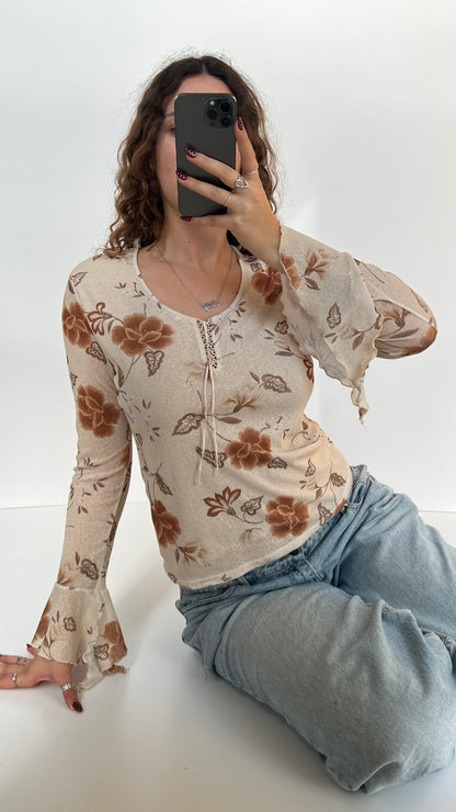 00s floral mesh long sleeve top- size L