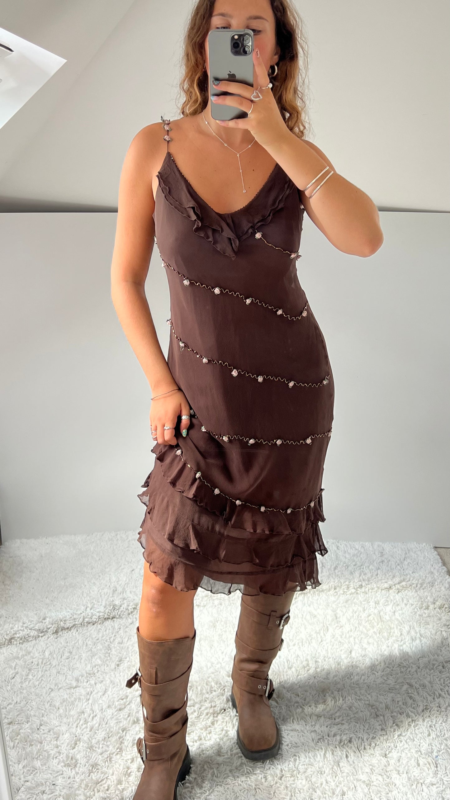 00s brown mesh sequin flower midi dress- size L