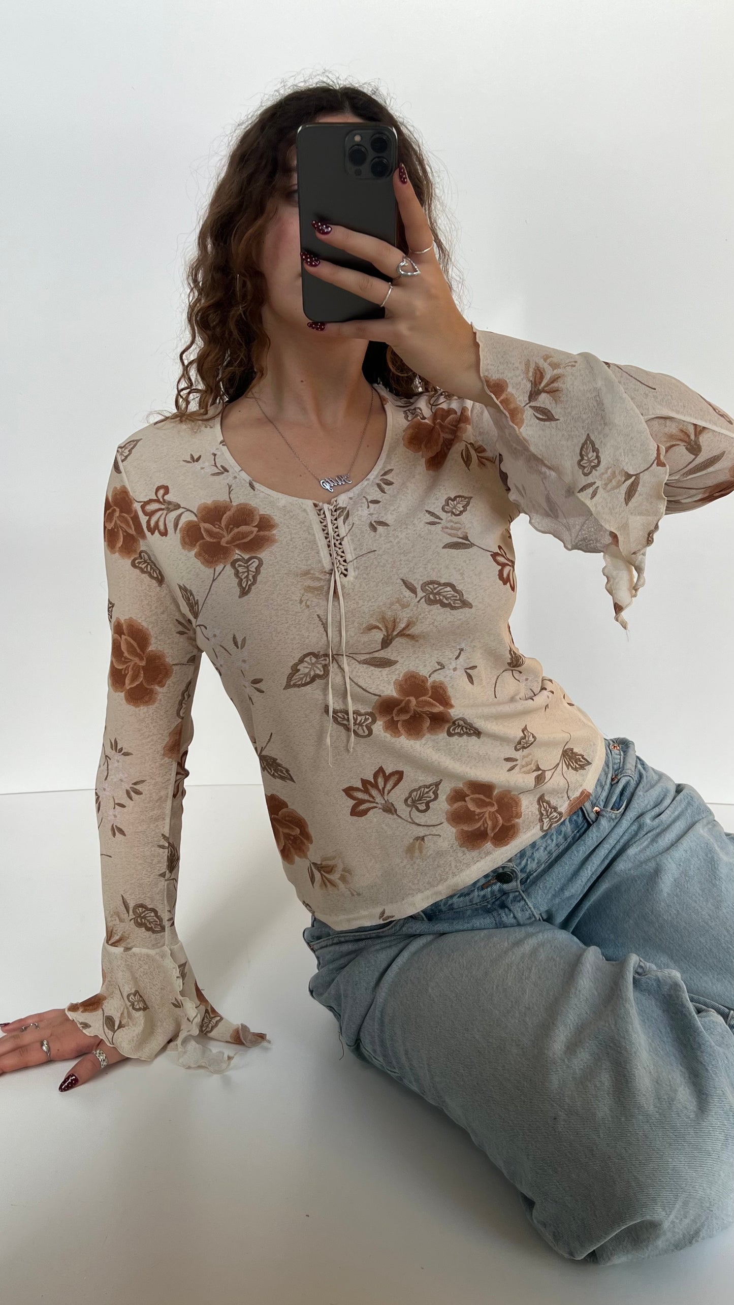 00s floral mesh long sleeve top- size L