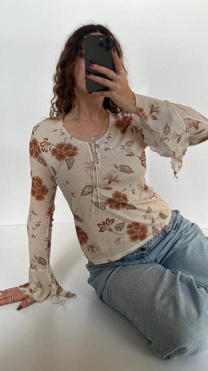 00s floral mesh long sleeve top- size L