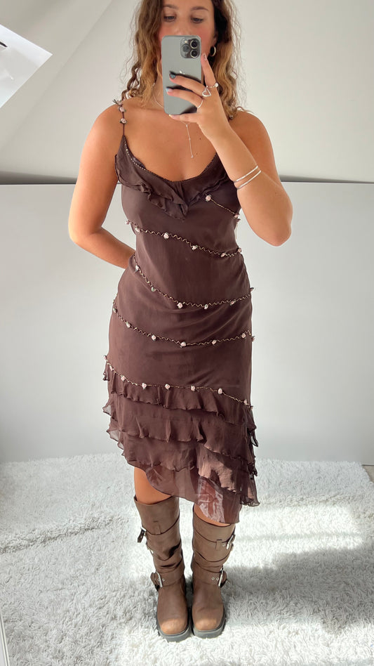 00s brown mesh sequin flower midi dress- size L