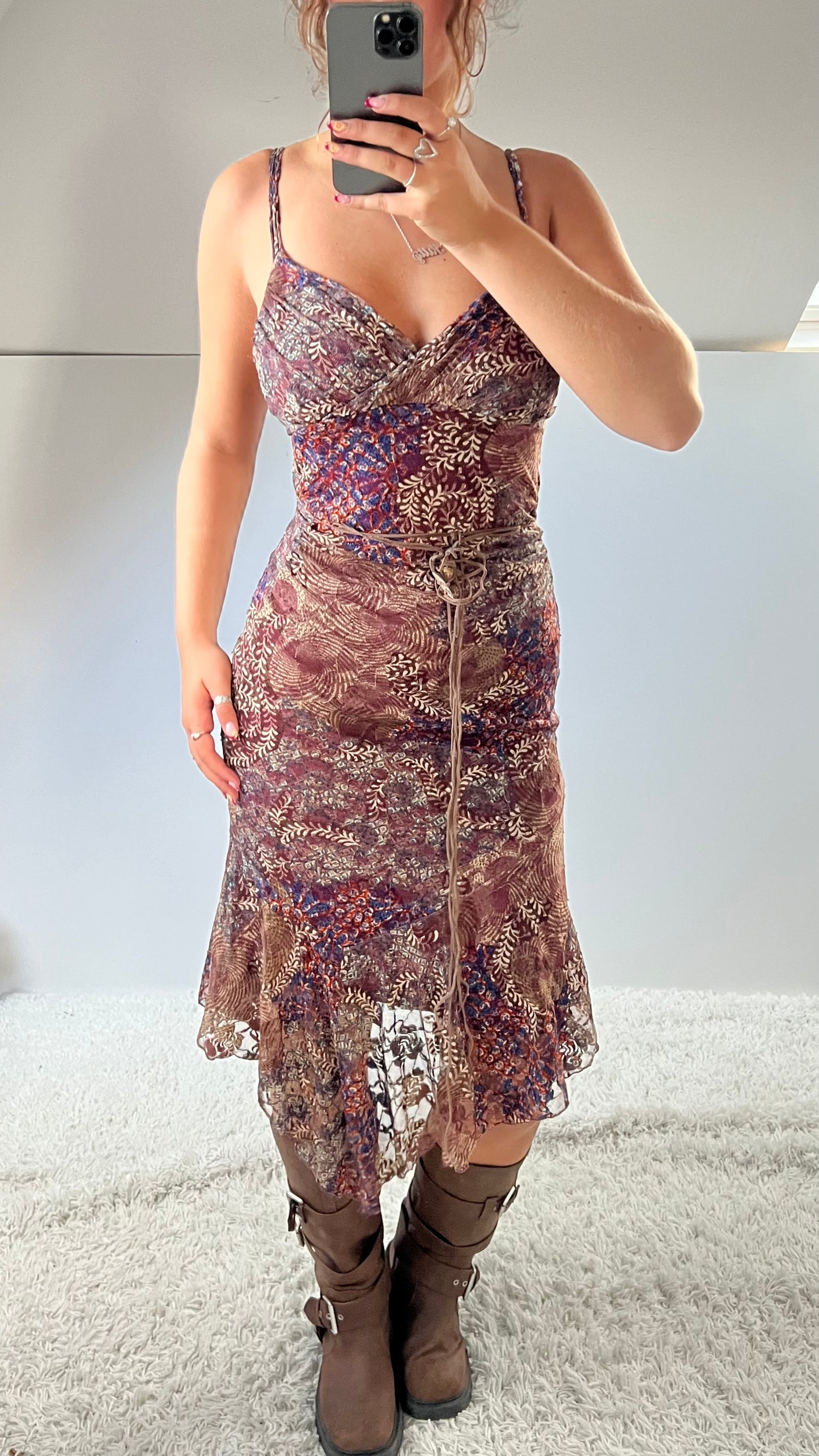 00s pink brown lace midi dress- size S