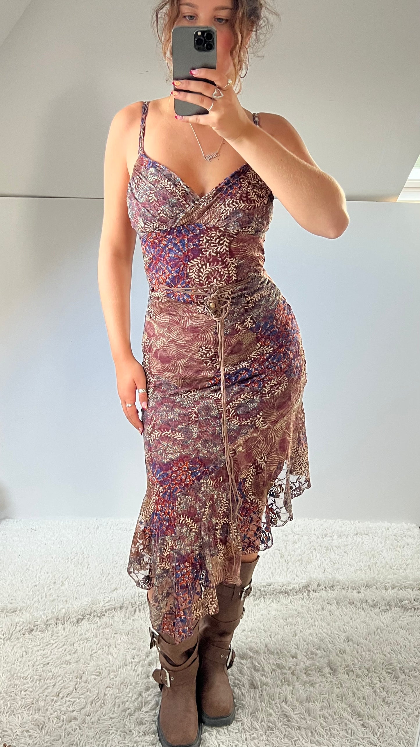 00s pink brown lace midi dress- size S