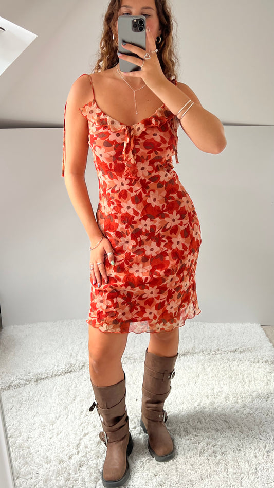 00s red floral midi dress- size M