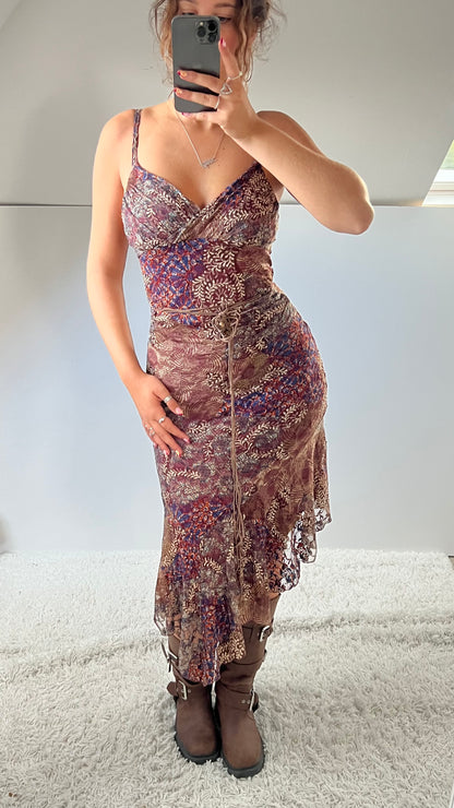 00s pink brown lace midi dress- size S