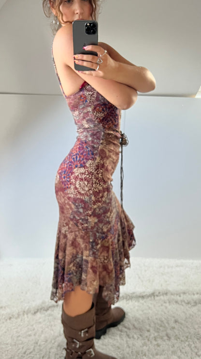 00s pink brown lace midi dress- size S