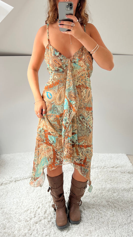 00s orange blue paisley midi dress- size XL