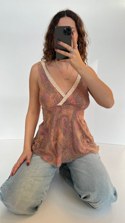 00s pink yellow mesh babydoll top- size M