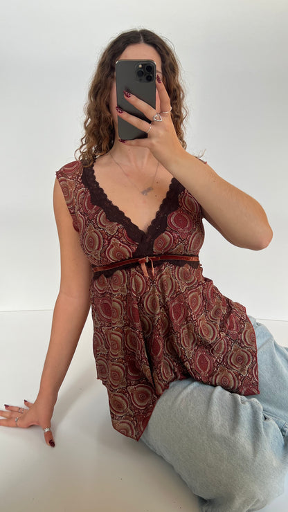 00s red patterned babydoll top- size S