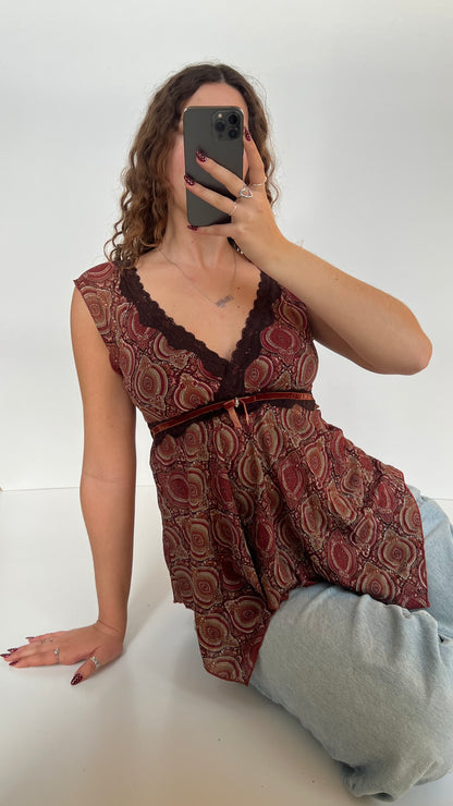 00s red patterned babydoll top- size S