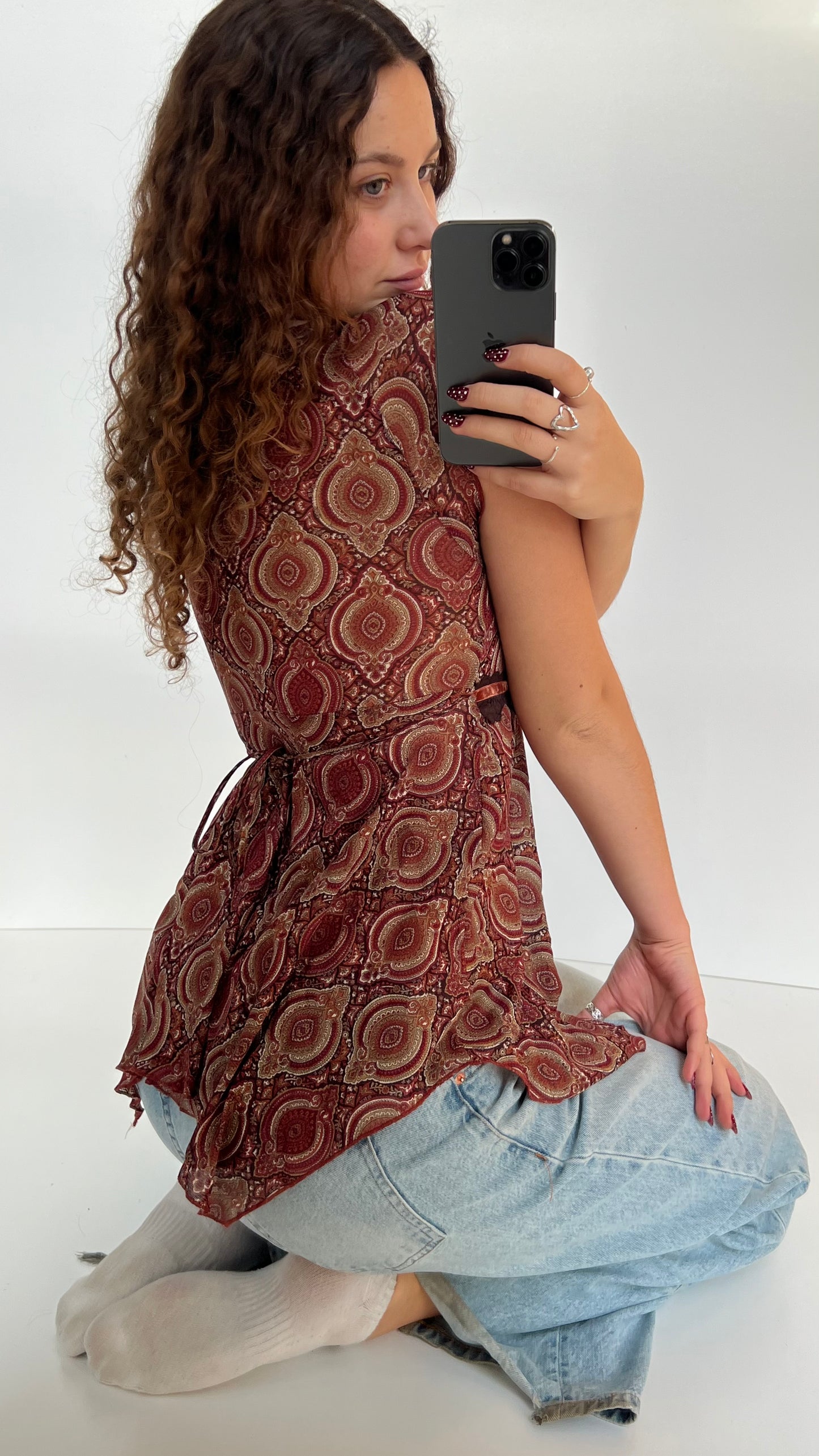 00s red patterned babydoll top- size S