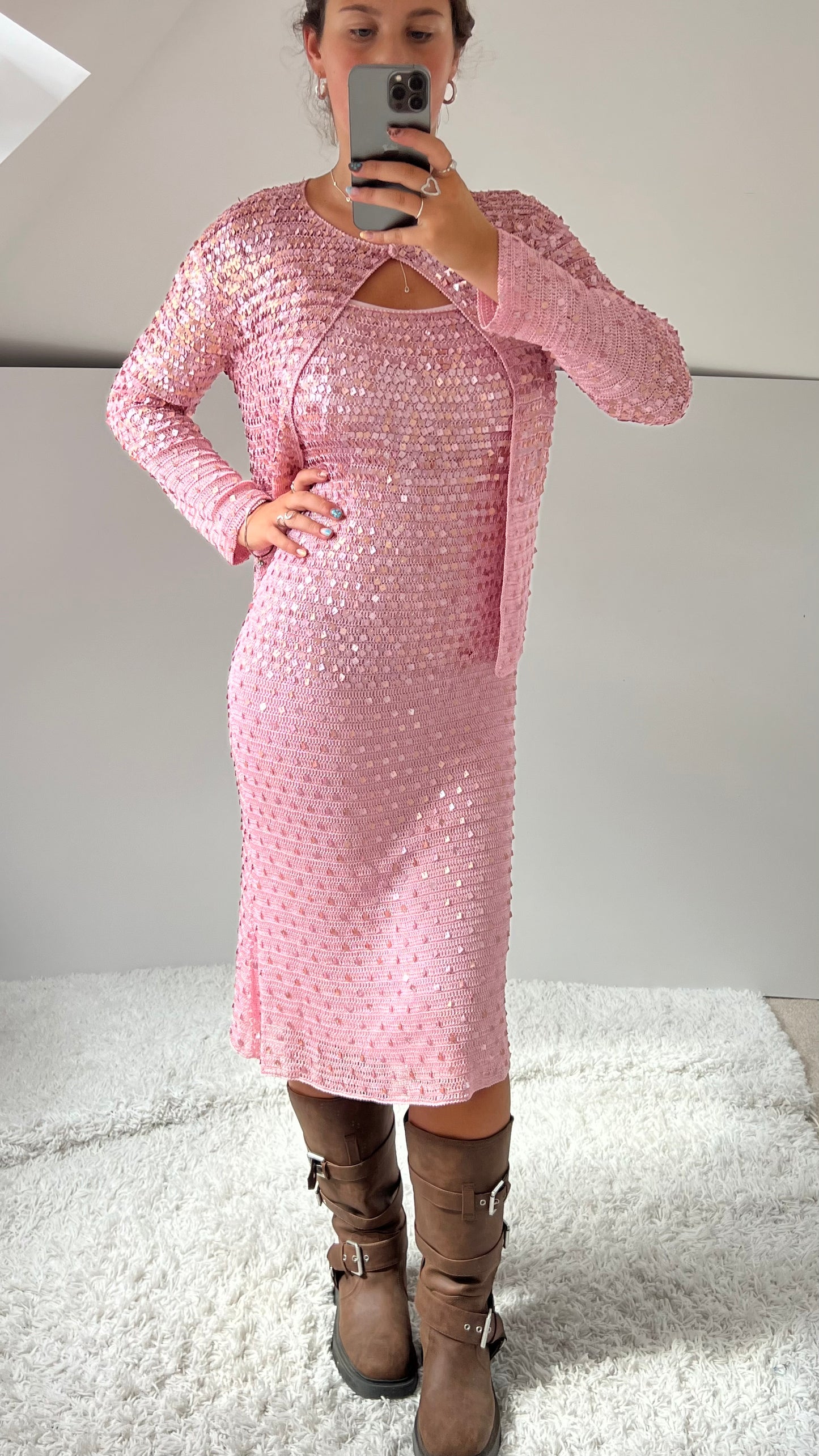 00s pink sequin midi dress set- size M