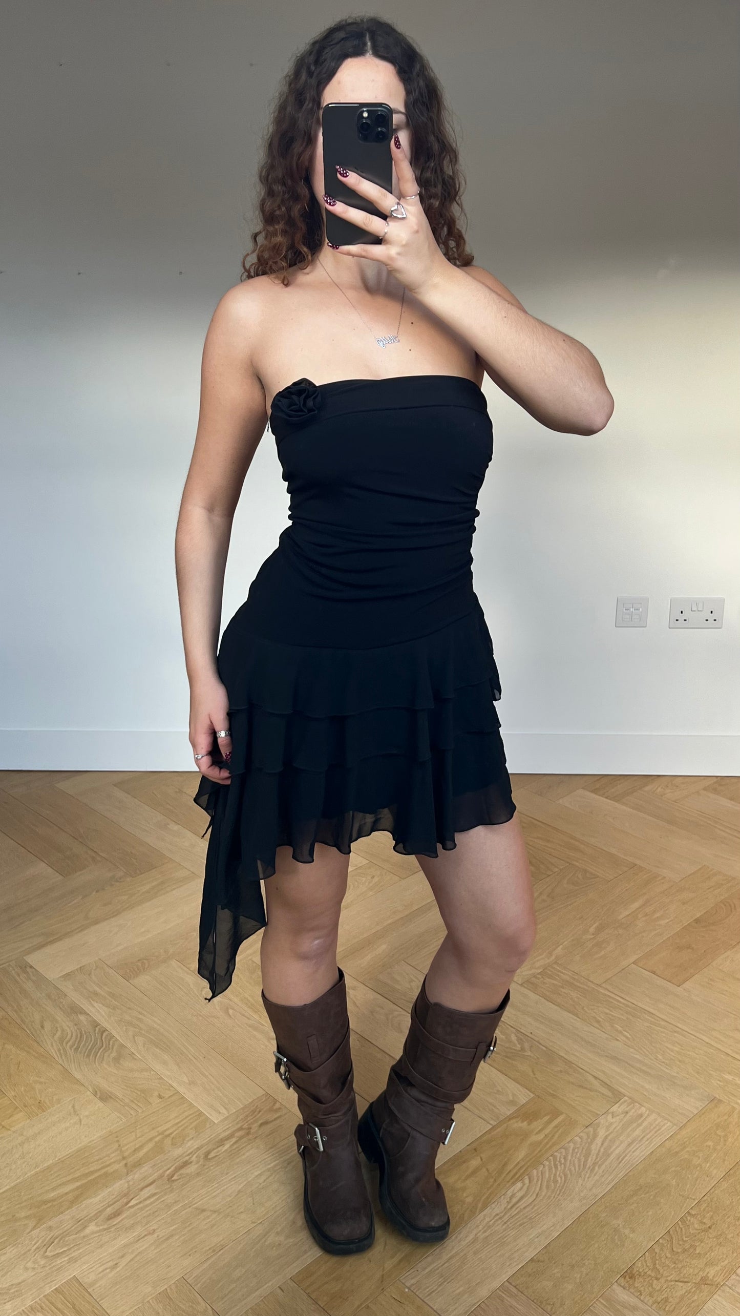 00s black mesh ruffle mini dress- size S