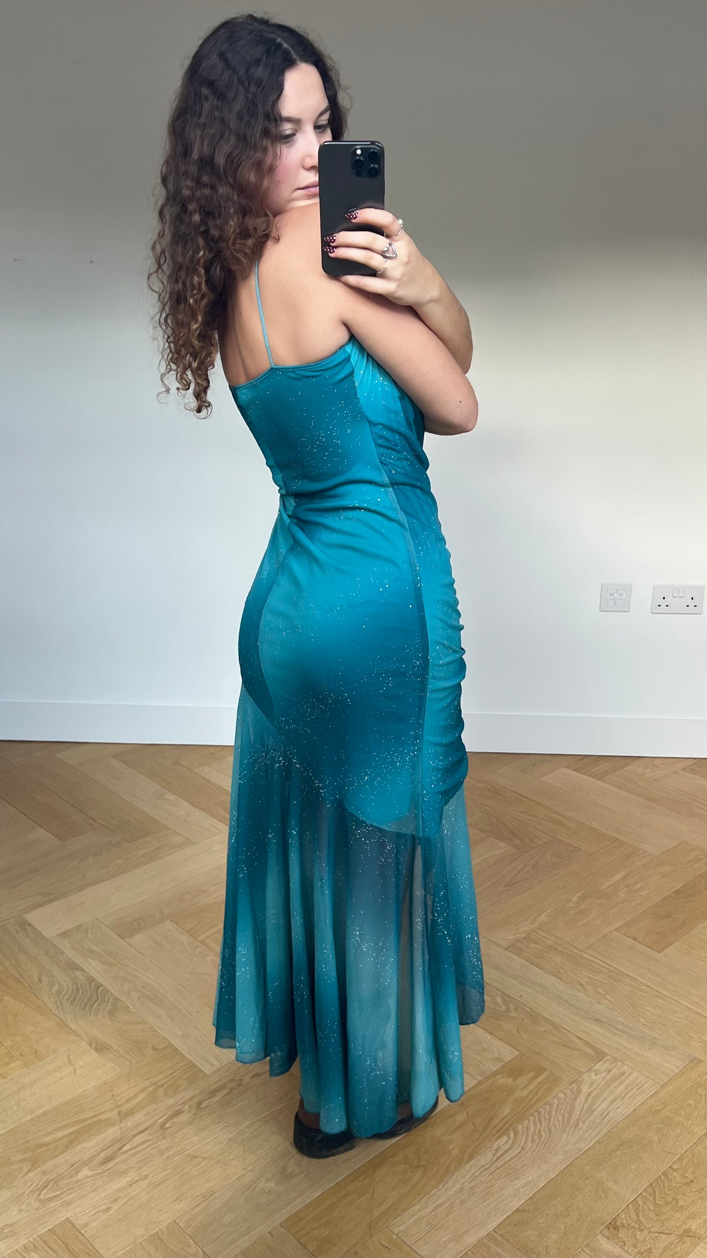 00s blue mesh ruffle maxi dress- size L