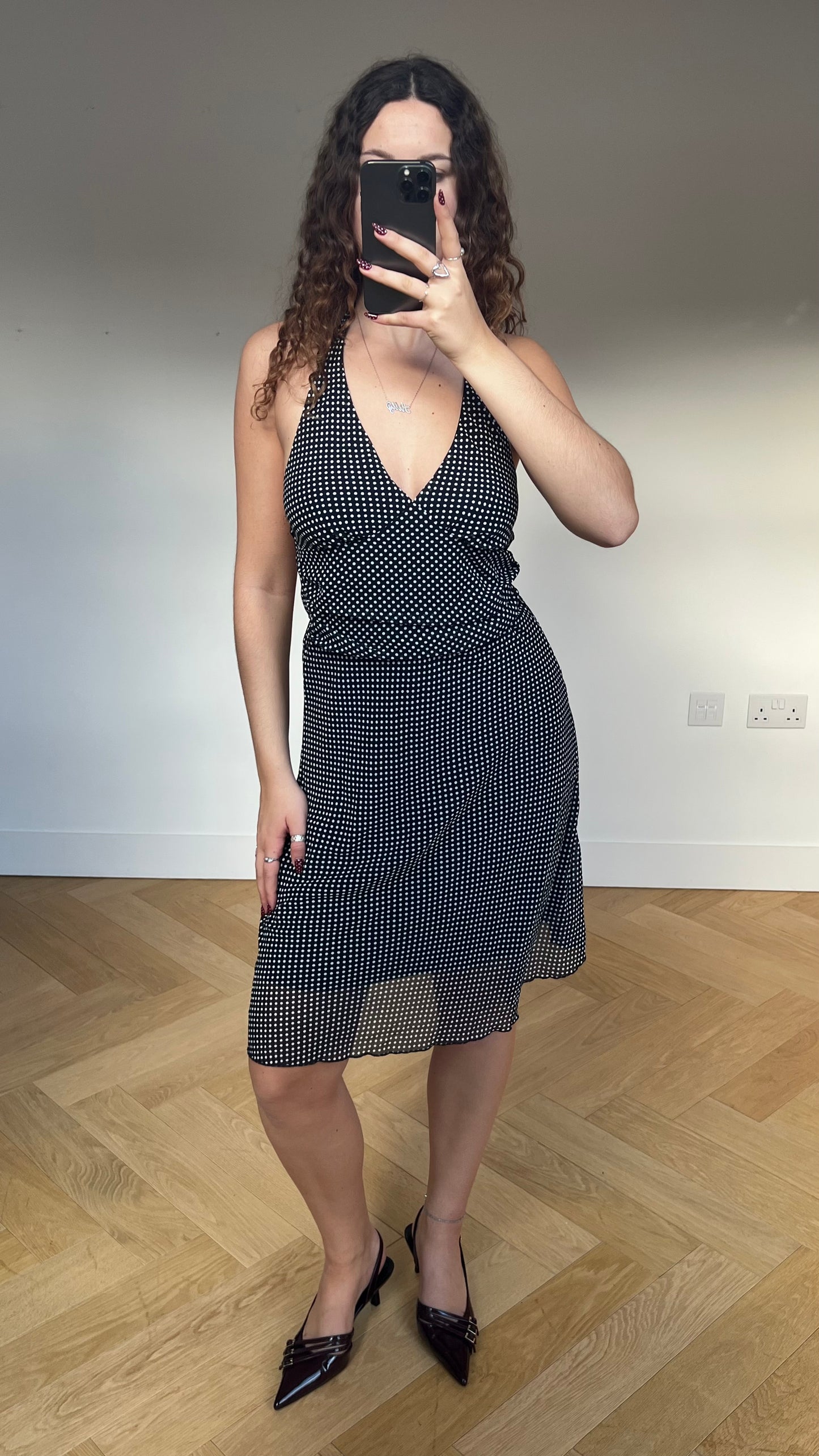 00s black polka dot midi dress- size S