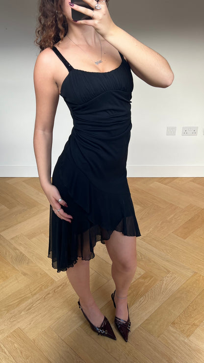 00s black mesh ruffle midi dress- size S