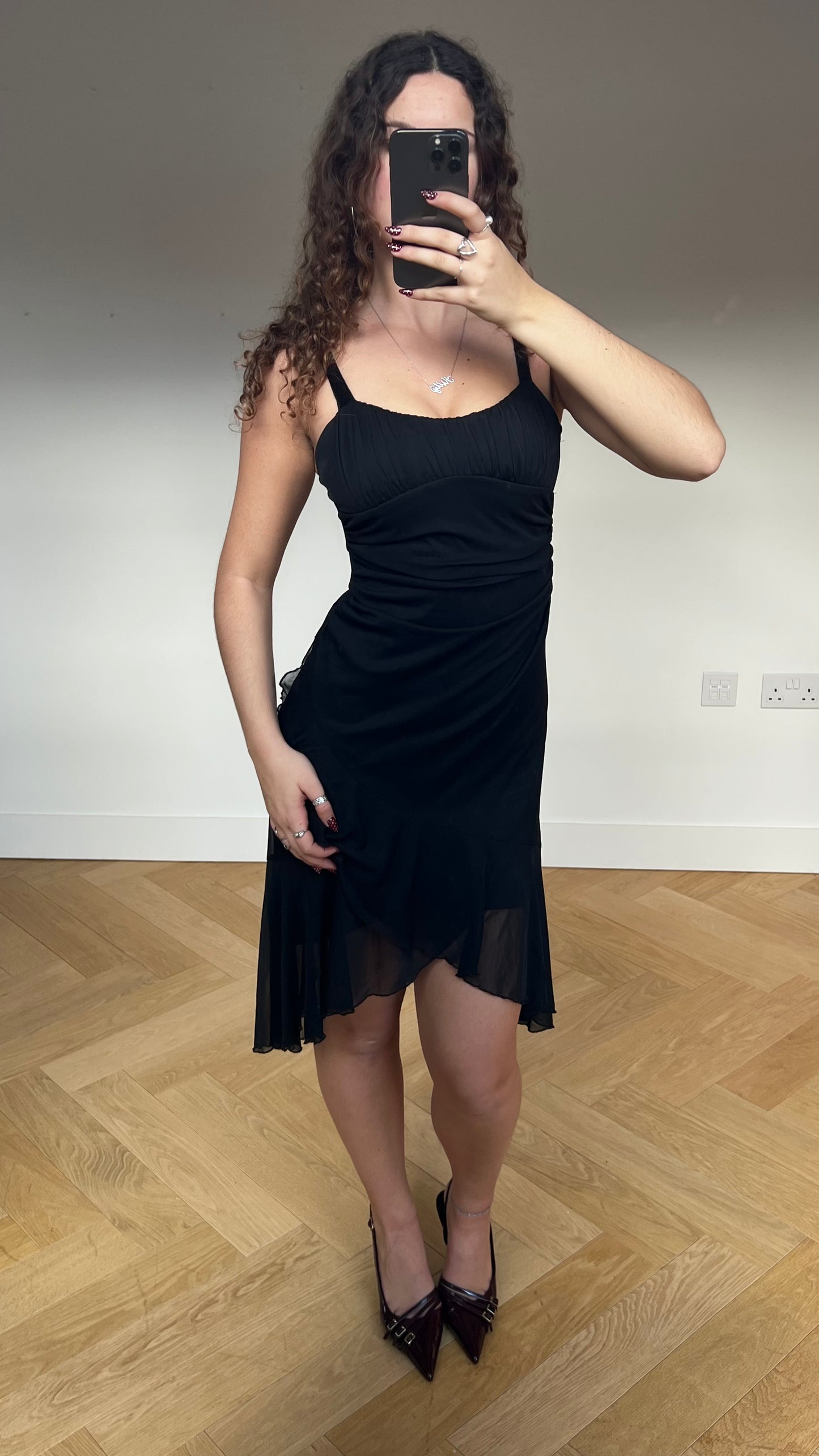 00s black mesh ruffle midi dress- size S