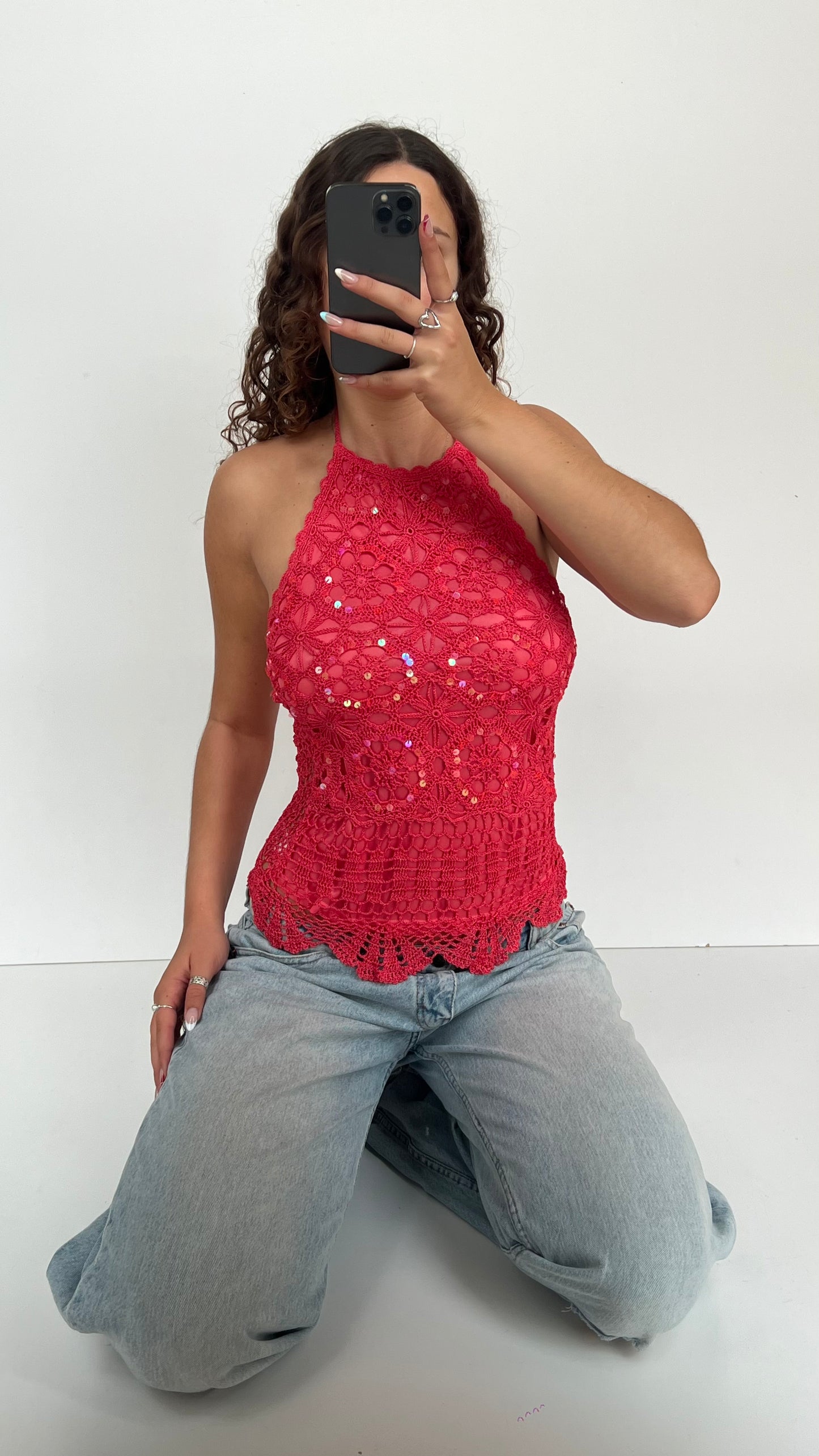 00s coral crochet sequin cami- size M