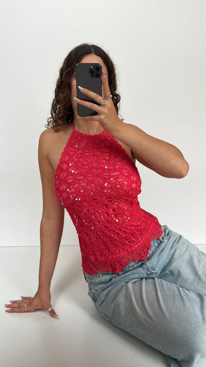 00s coral crochet sequin cami- size M