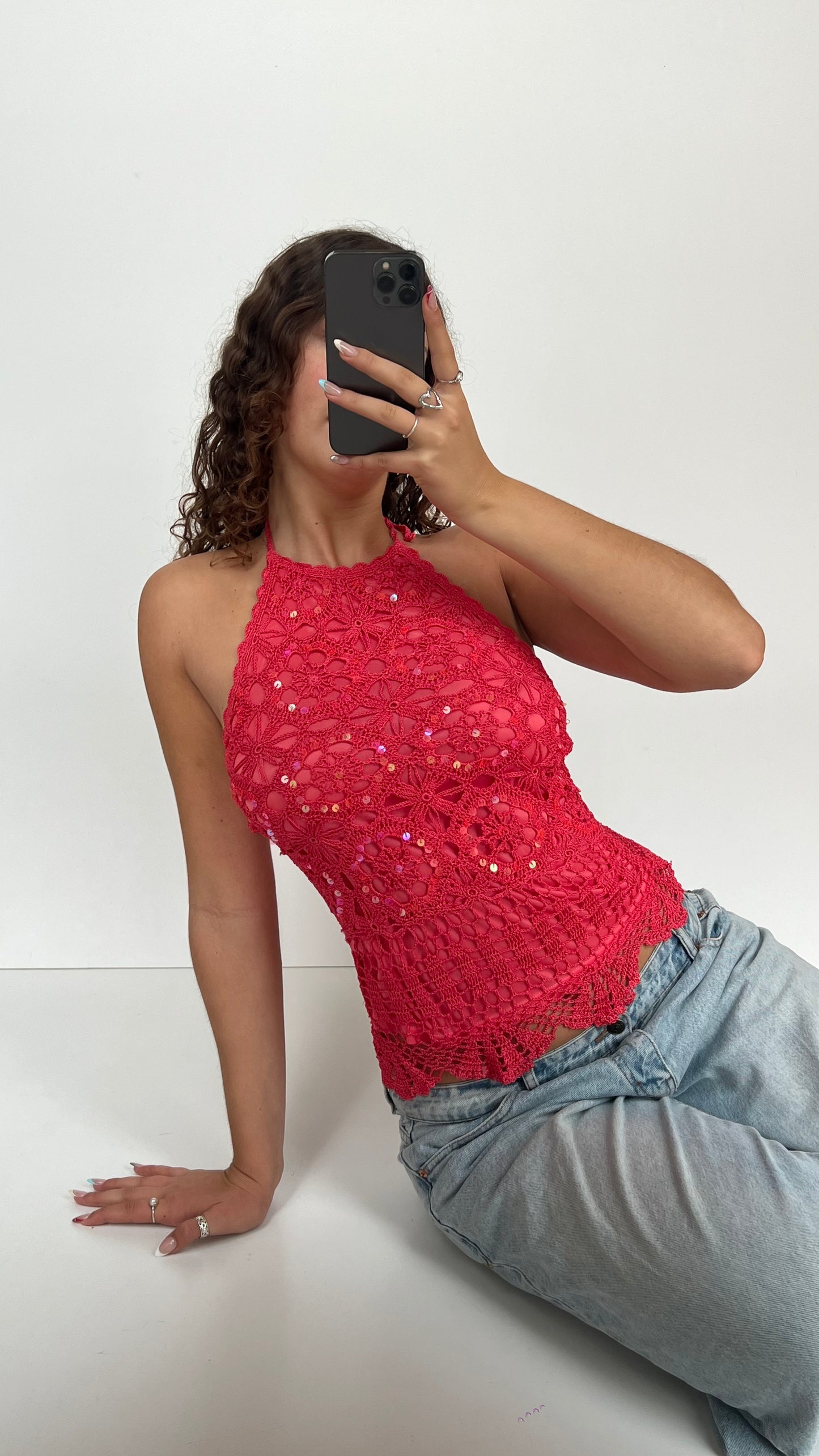 00s coral crochet sequin cami- size M