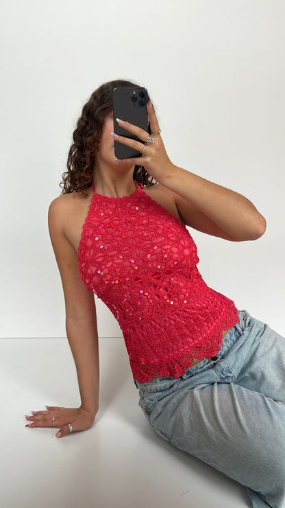 00s coral crochet sequin cami- size M