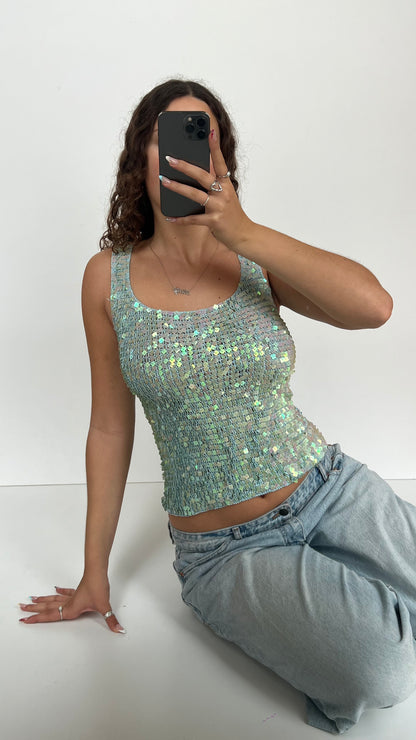 00s blue sequin crochet top- size M