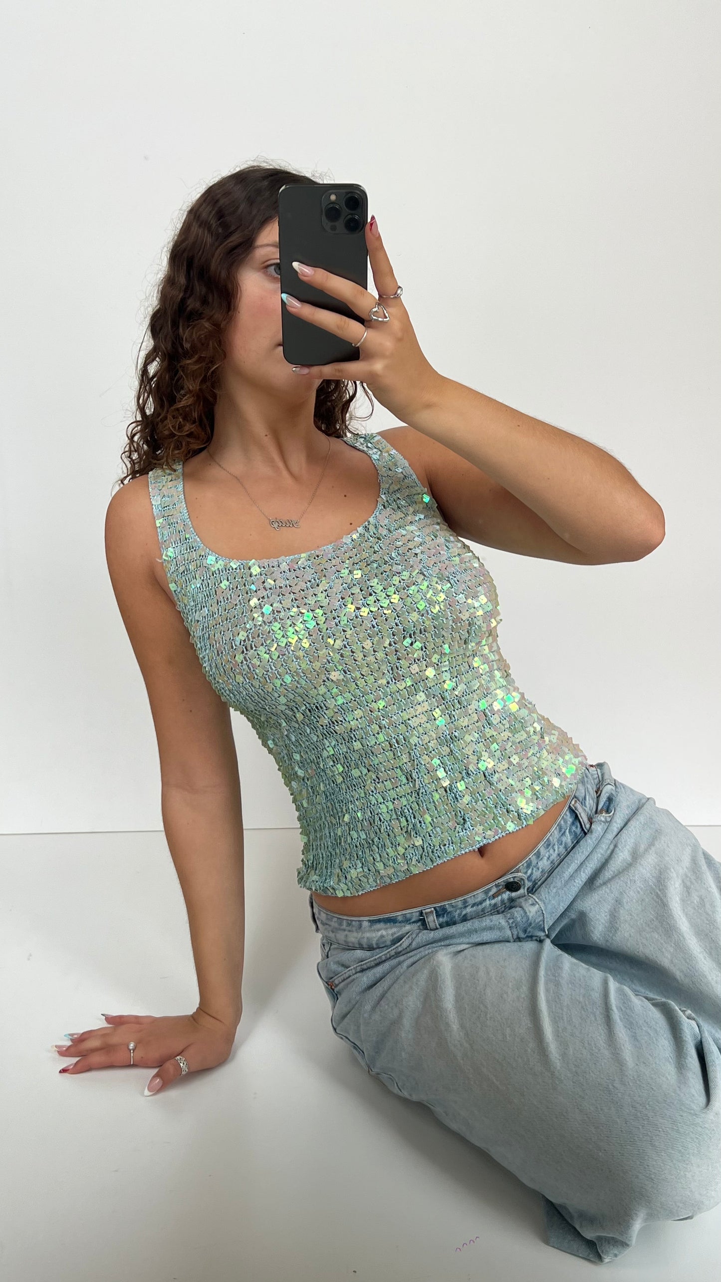 00s blue sequin crochet top- size M