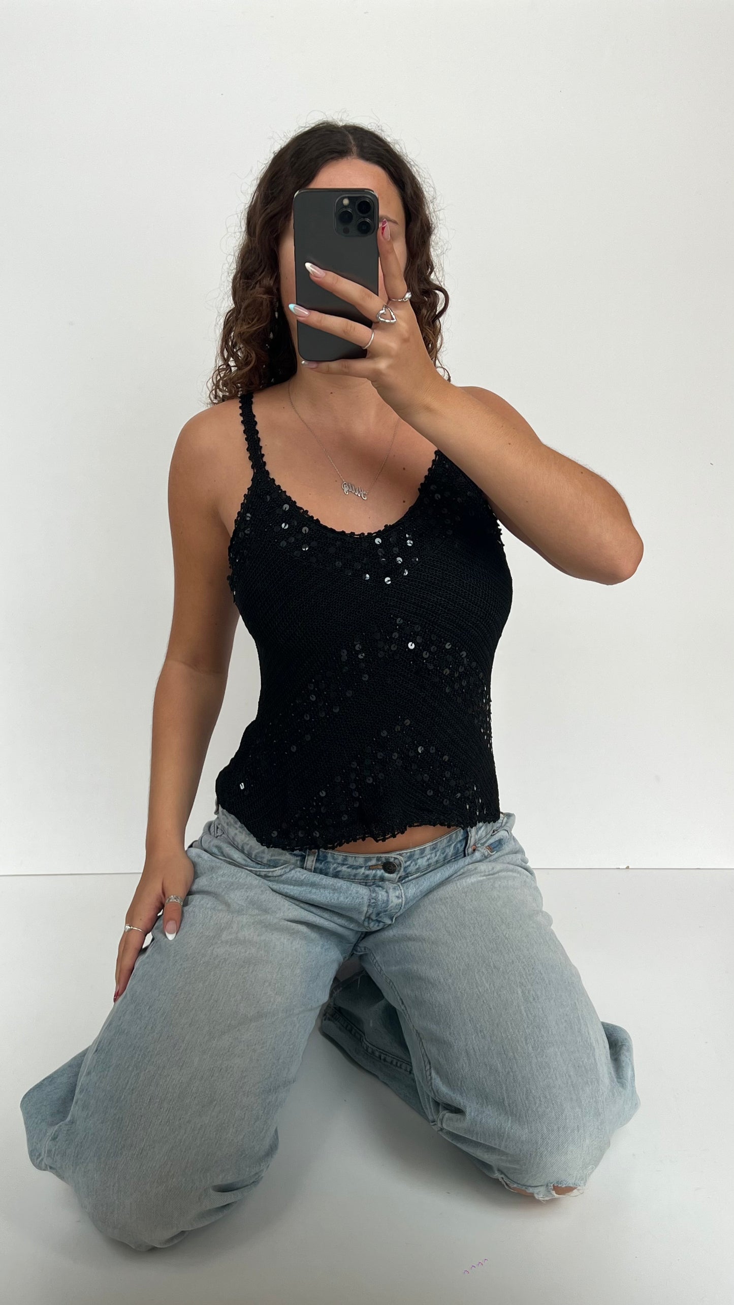 00s black crochet sequin cami- size M